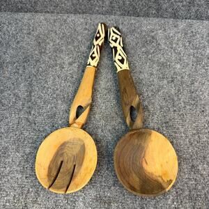 African Wooden Salad Servers Set Kenya Hand Carved Heritage Design